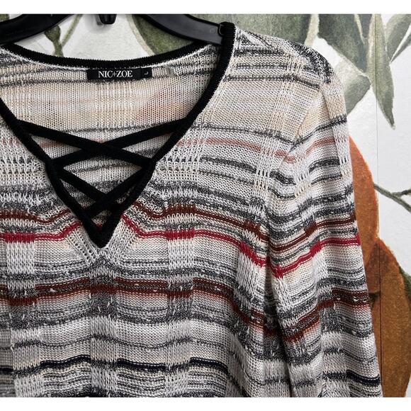 Nic + Zoe Large Linen Blend Keyhole Front Pullover Sweater Striped - Picture 3 of 6